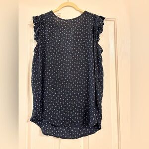 LOFT Navy Floral Ruffle Sleeve Blouse